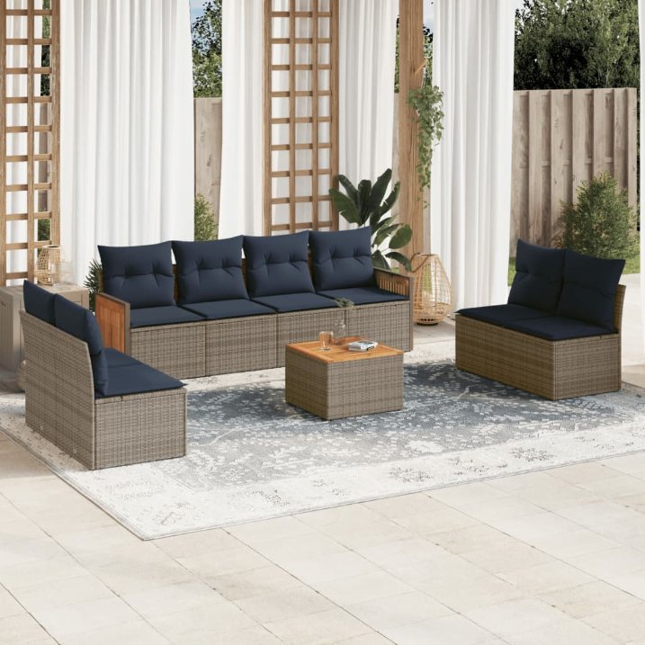 8-teiliges Gartensofa-Set mit Kissen, schwarzes Polyrattan
