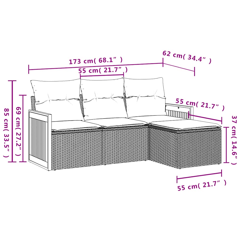 4-teiliges Gartensofa-Set mit Kissen, schwarzes Polyrattan