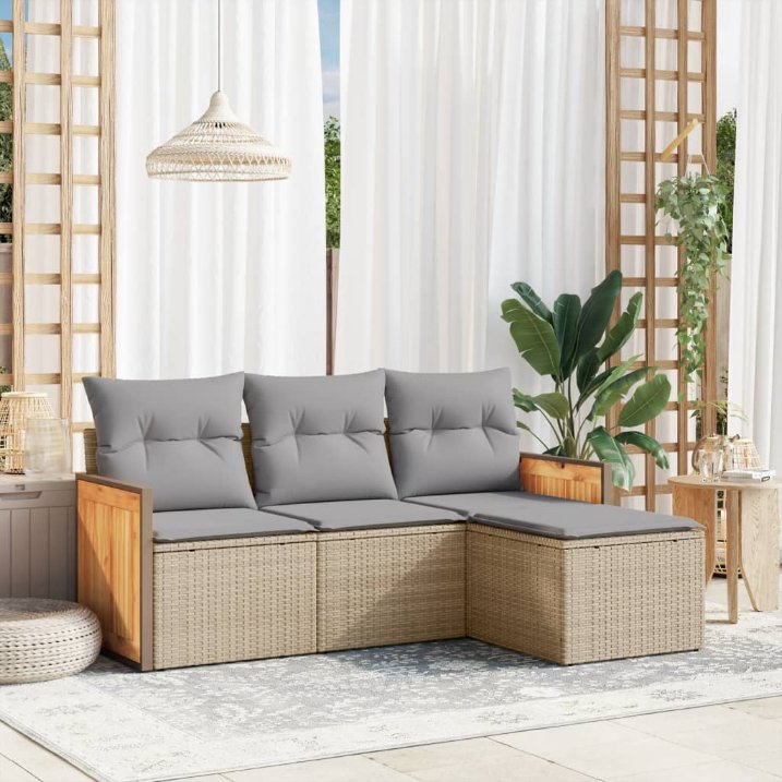 4-tlg. Garten-Sofagarnitur mit Kissen Schwarz Poly Rattan