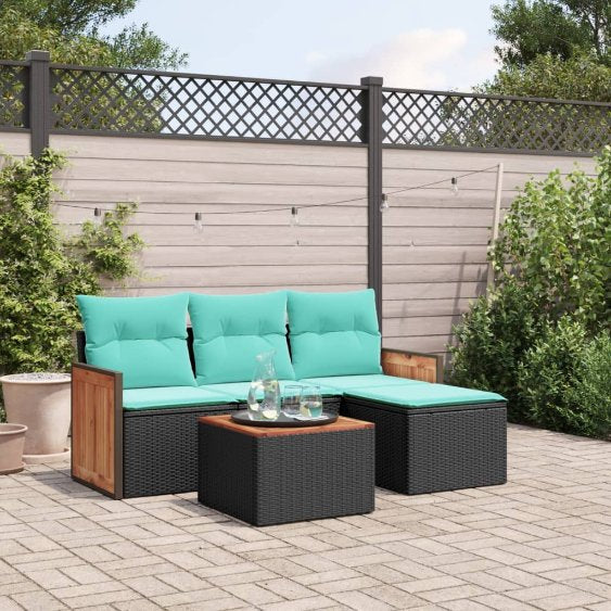 4-teiliges Gartensofa-Set mit Kissen, schwarzes Polyrattan