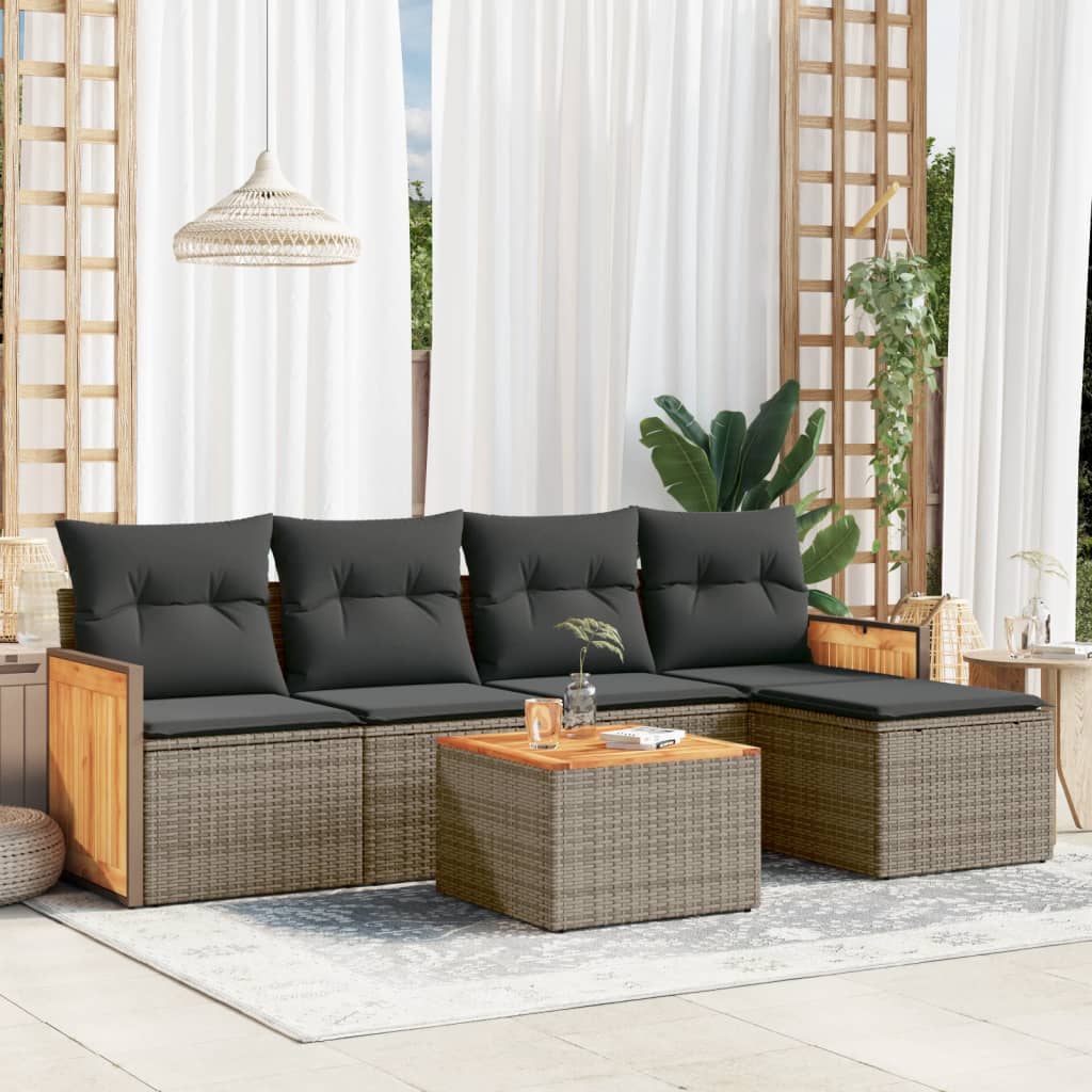 5-tlg. Garten-Sofagarnitur mit Kissen Schwarz Poly Rattan