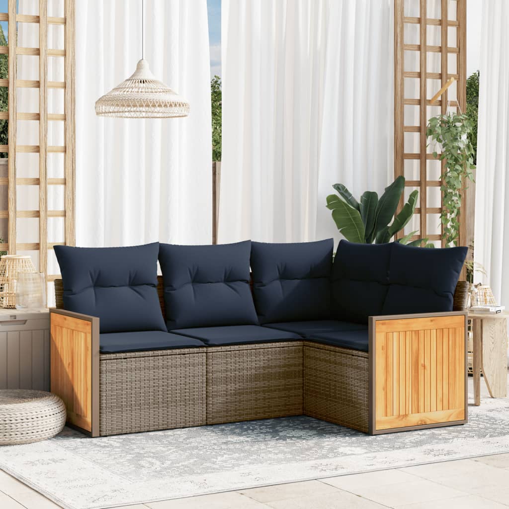 4-teiliges Gartensofa-Set mit Kissen, schwarzes Polyrattan