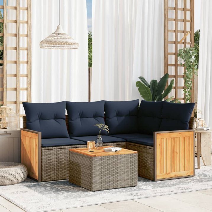 4-teiliges Gartensofa-Set mit Kissen, schwarzes Polyrattan