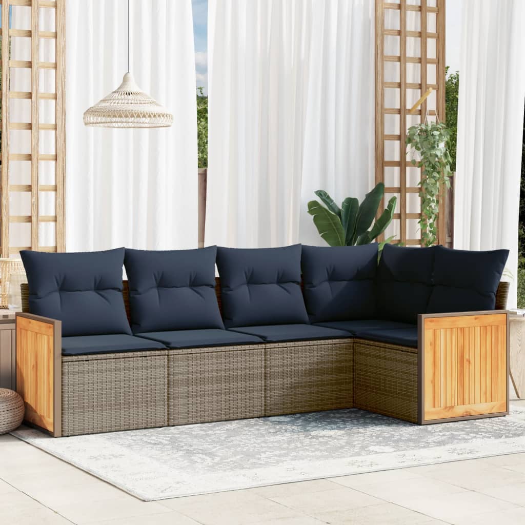 5-teiliges Gartensofa-Set mit Kissen, schwarzes Polyrattan