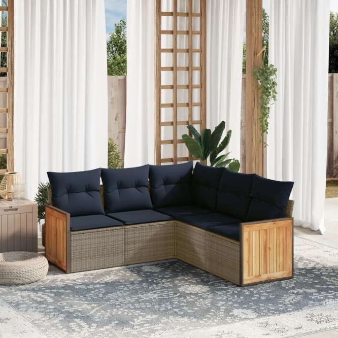 5-teiliges Gartensofa-Set mit Kissen, schwarzes Polyrattan
