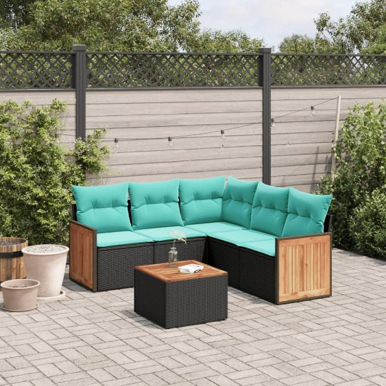 5-teiliges Gartensofa-Set mit Kissen, schwarzes Polyrattan