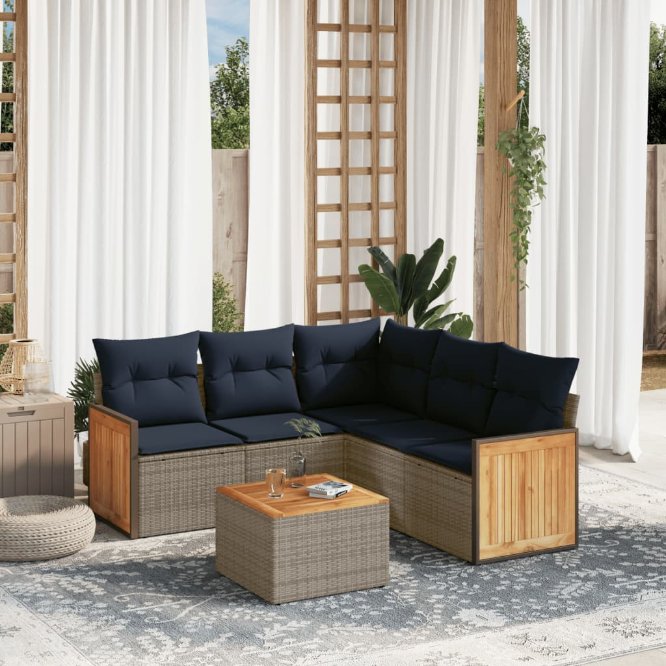5-teiliges Gartensofa-Set mit Kissen, schwarzes Polyrattan