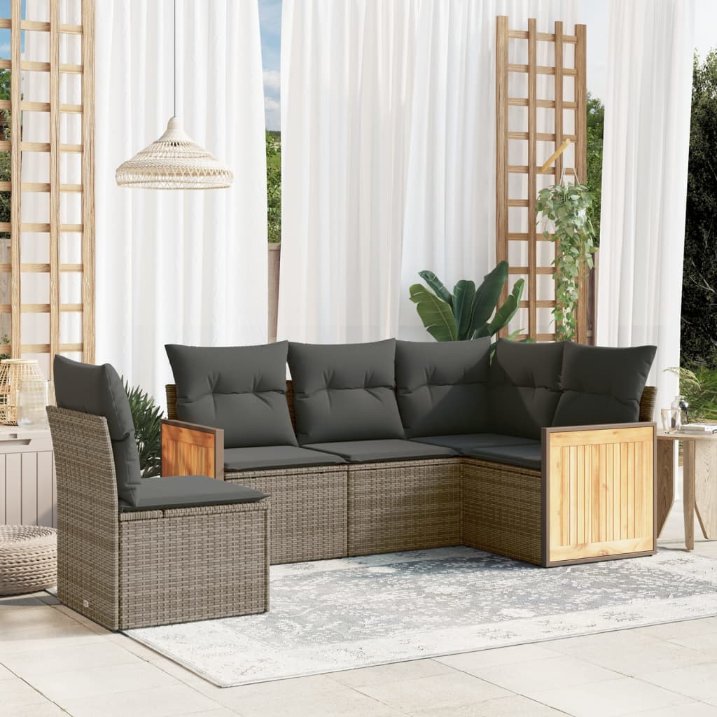 5-tlg. Garten-Sofagarnitur mit Kissen Schwarz Poly Rattan