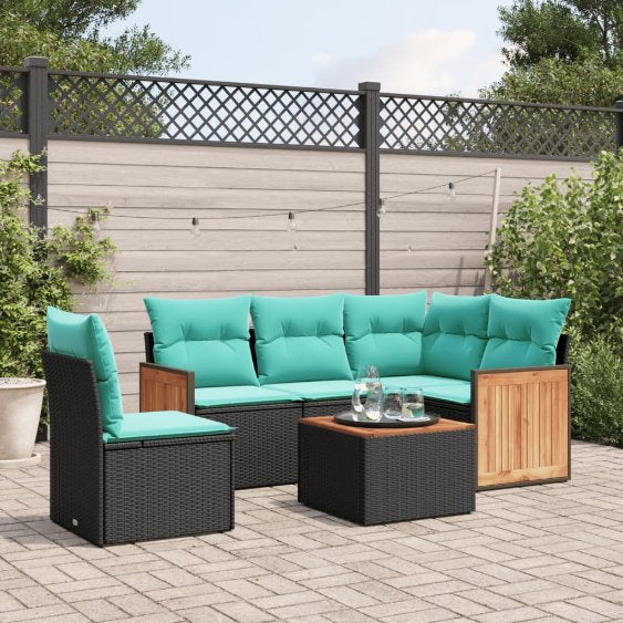 5-teiliges Gartensofa-Set mit Kissen, schwarzes Polyrattan