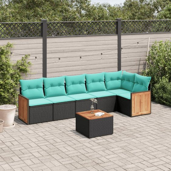 6-teiliges Gartensofa-Set mit Kissen, schwarzes Polyrattan