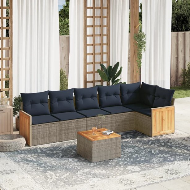 6-teiliges Gartensofa-Set mit Kissen, schwarzes Polyrattan