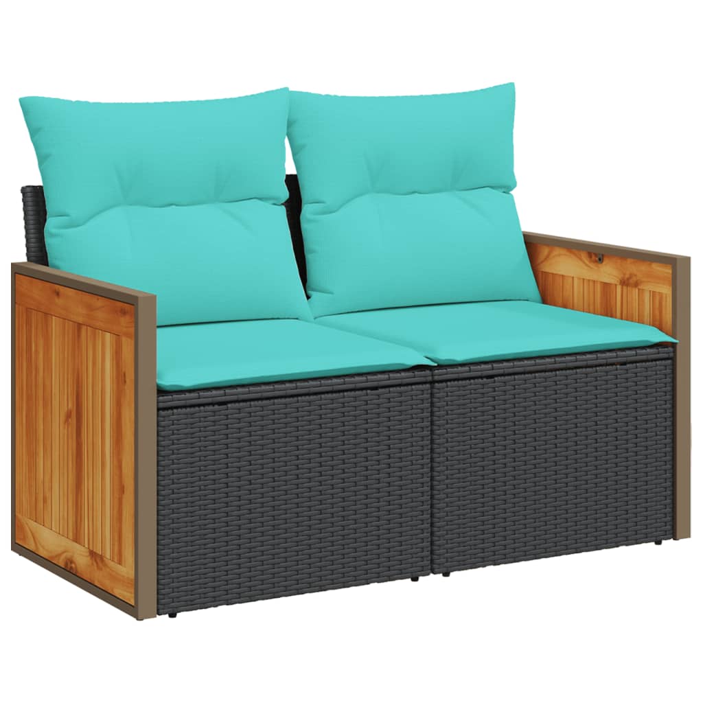 6-teiliges Gartensofa-Set mit Kissen, schwarzes Polyrattan