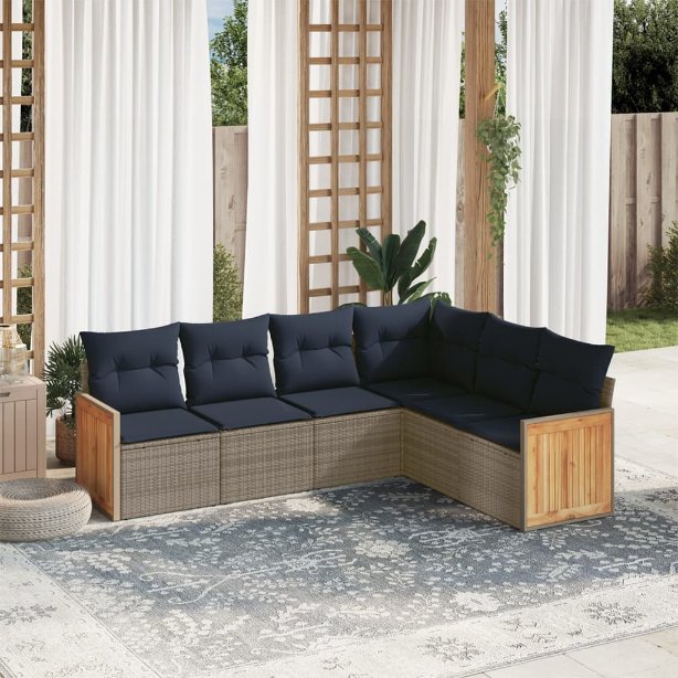 6-teiliges Gartensofa-Set mit Kissen, schwarzes Polyrattan