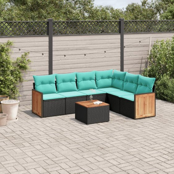 6-teiliges Gartensofa-Set mit Kissen, schwarzes Polyrattan