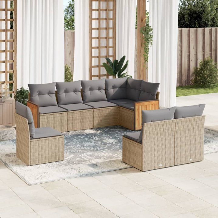 8-tlg. Garten-Sofagarnitur mit Kissen Schwarz Poly Rattan