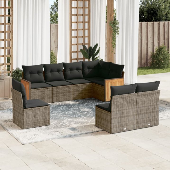 8-tlg. Garten-Sofagarnitur mit Kissen Schwarz Poly Rattan
