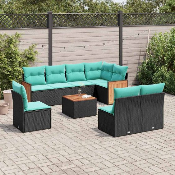 8-teiliges Gartensofa-Set mit Kissen, schwarzes Polyrattan