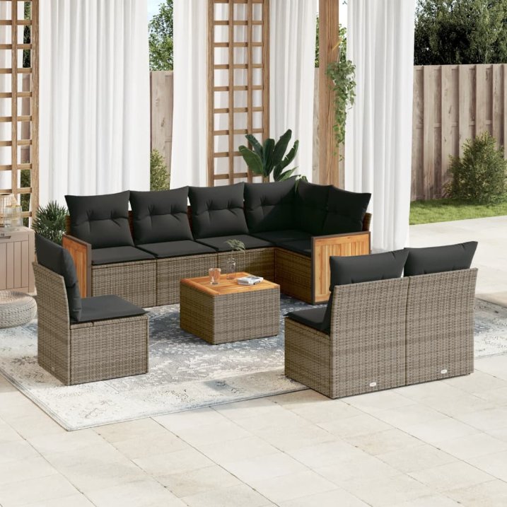 8-tlg. Garten-Sofagarnitur mit Kissen Schwarz Poly Rattan