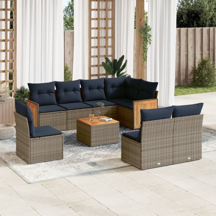 8-teiliges Gartensofa-Set mit Kissen, schwarzes Polyrattan
