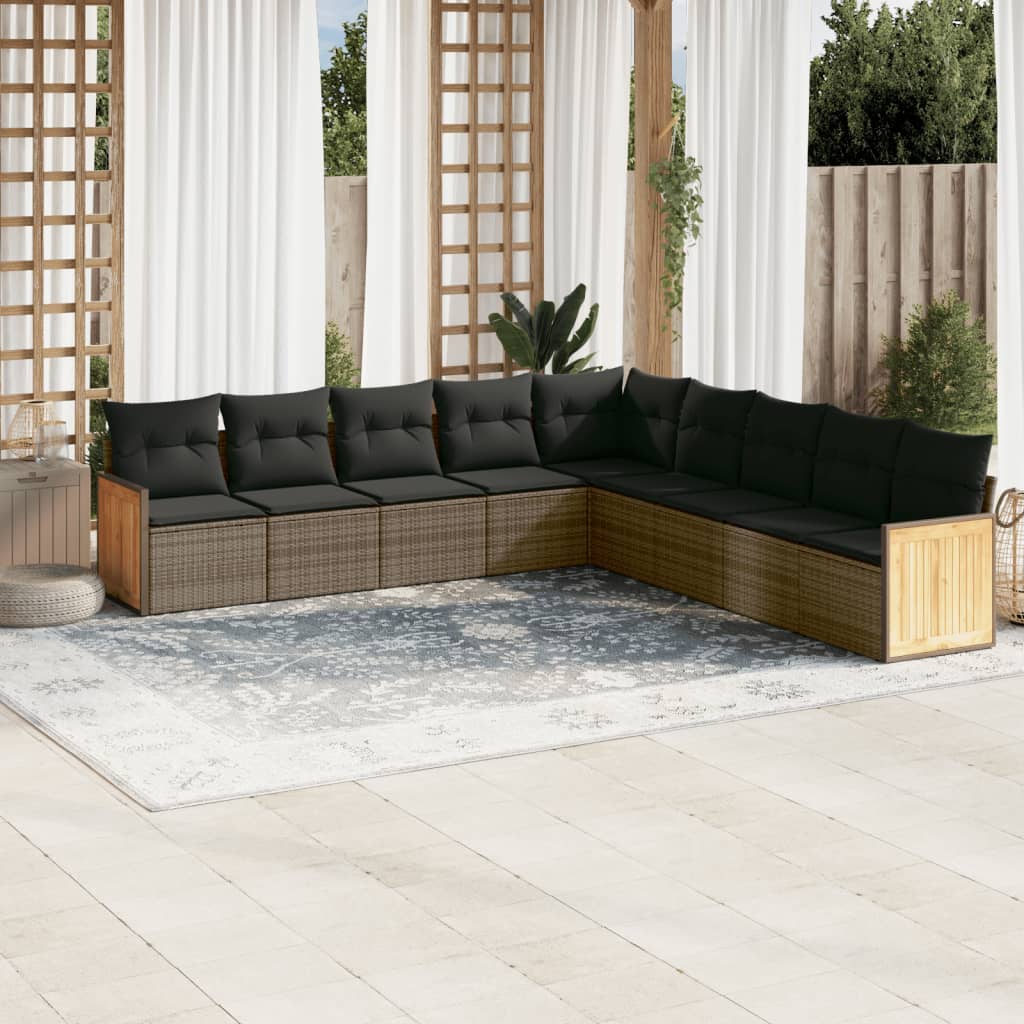 9-tlg. Garten-Sofagarnitur mit Kissen Schwarz Poly Rattan