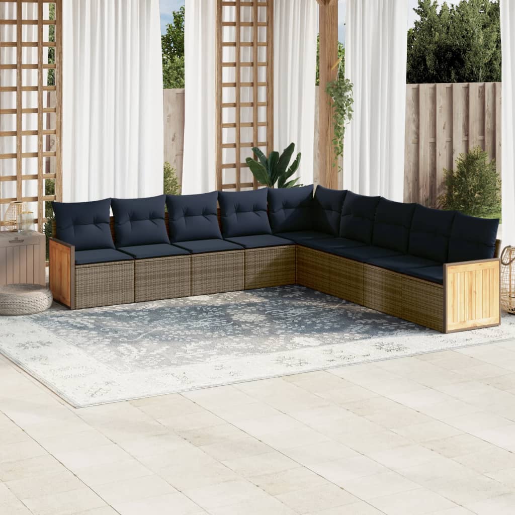 9-teiliges Gartensofa-Set mit Kissen, schwarzes Polyrattan