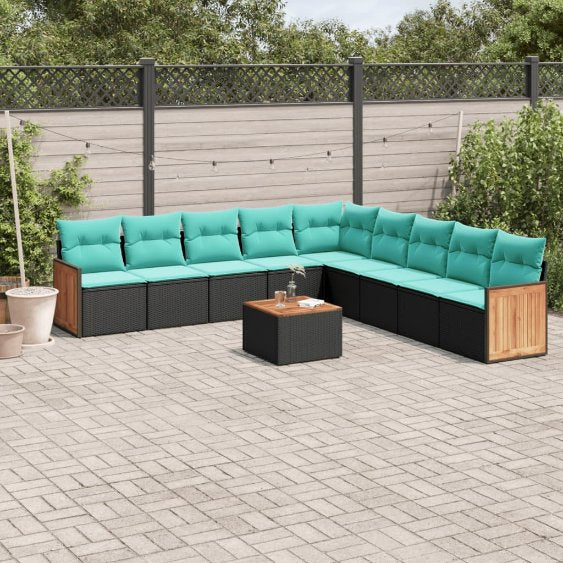 9-teiliges Gartensofa-Set mit Kissen, schwarzes Polyrattan
