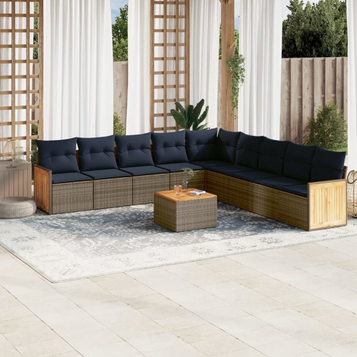 9-teiliges Gartensofa-Set mit Kissen, schwarzes Polyrattan