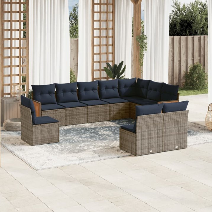 vidaXL 10-teiliges Gartensofa-Set mit Kissen, schwarzes Polyrattan