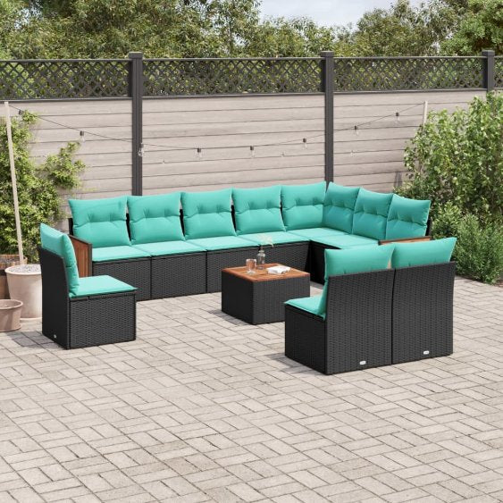 vidaXL 10-teiliges Gartensofa-Set mit Kissen, schwarzes Polyrattan