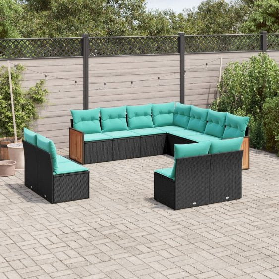 vidaXL 11-teiliges Gartensofa-Set mit Kissen, schwarzes Polyrattan