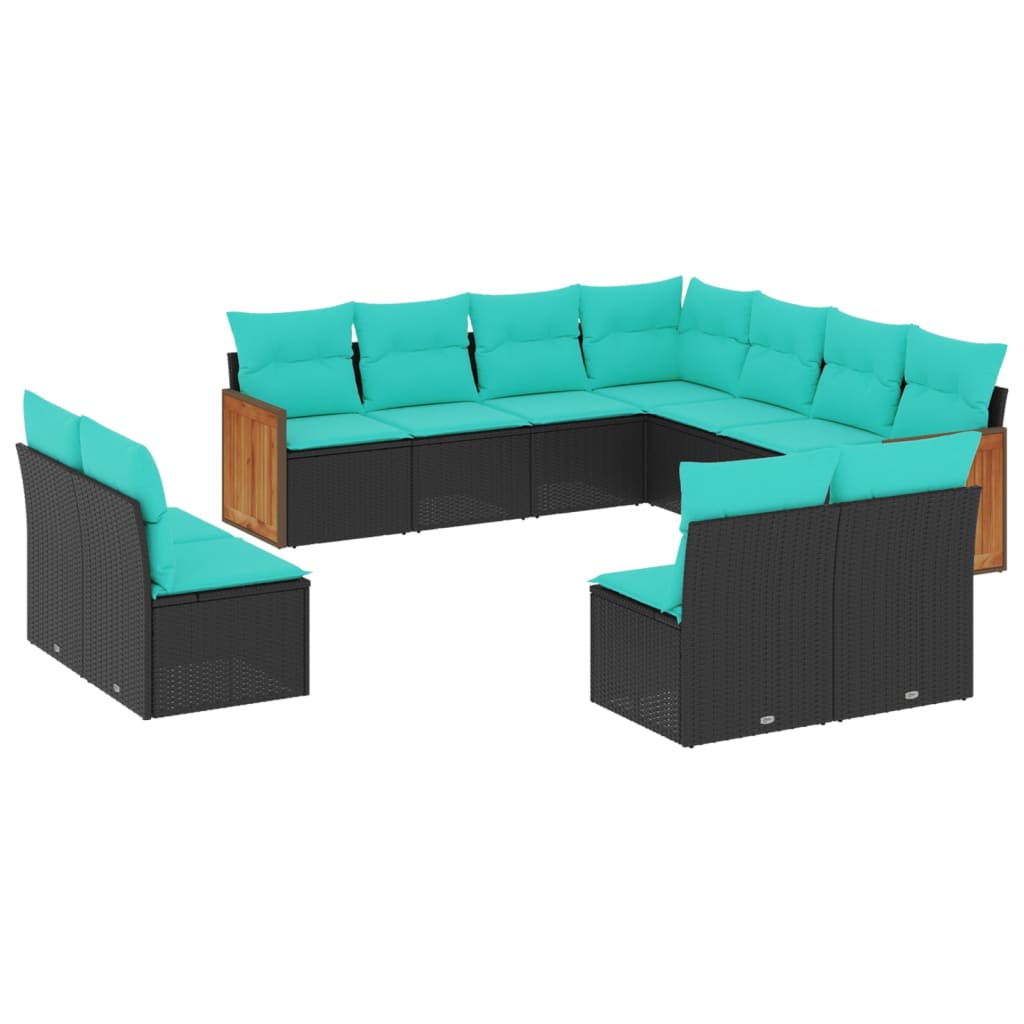 vidaXL 11-teiliges Gartensofa-Set mit Kissen, schwarzes Polyrattan