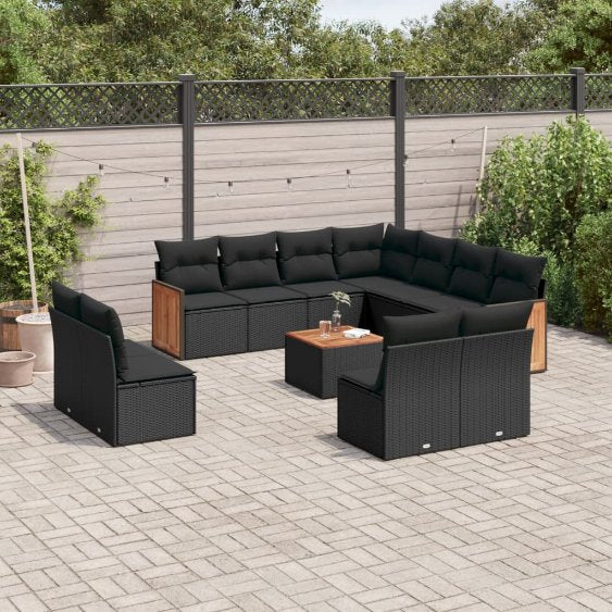 11-tlg. Garten-Sofagarnitur mit Kissen Schwarz Poly Rattan