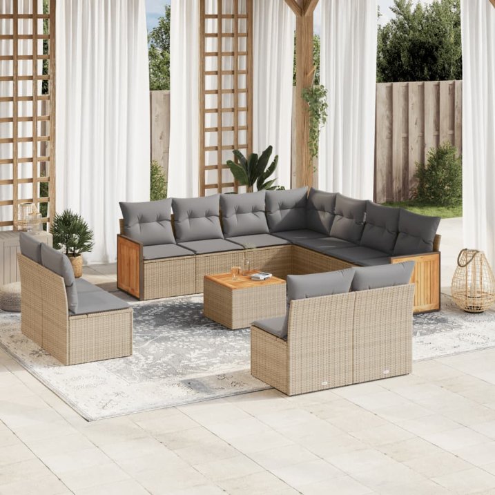 11-tlg. Garten-Sofagarnitur mit Kissen Schwarz Poly Rattan