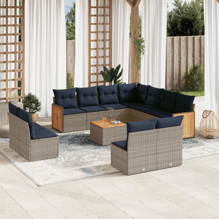 vidaXL 11-teiliges Gartensofa-Set mit Kissen, schwarzes Polyrattan