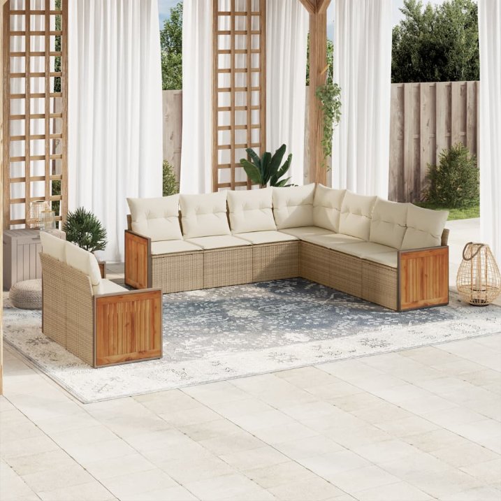9-tlg. Garten-Sofagarnitur mit Kissen Schwarz Poly Rattan