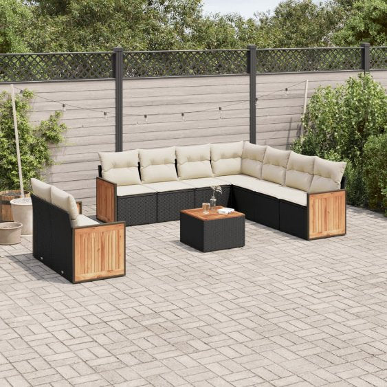 9-tlg. Garten-Sofagarnitur mit Kissen Schwarz Poly Rattan