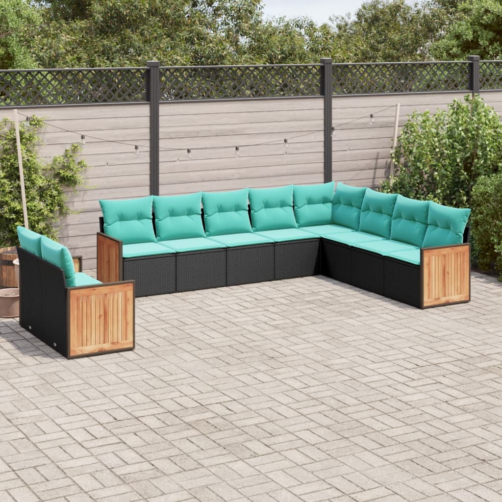 vidaXL 10-teiliges Gartensofa-Set mit Kissen, schwarzes Polyrattan