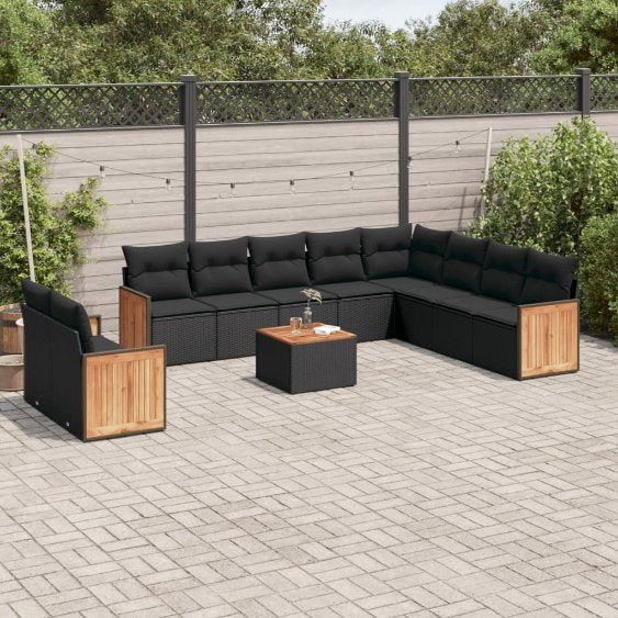 vidaXL 10-tlg. Garten-Sofagarnitur mit Kissen Schwarz Poly Rattan