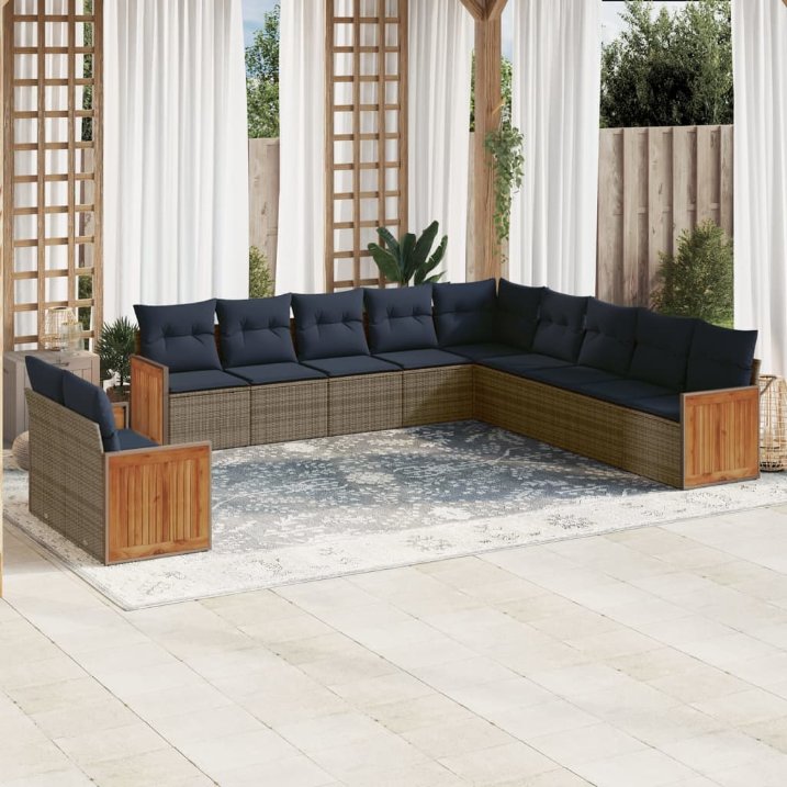vidaXL 11-teiliges Gartensofa-Set mit Kissen, schwarzes Polyrattan