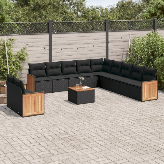 11-tlg. Garten-Sofagarnitur mit Kissen Schwarz Poly Rattan