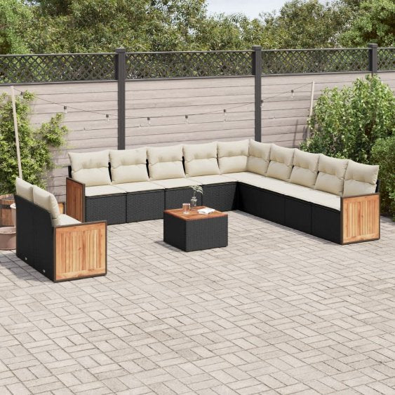 11-tlg. Garten-Sofagarnitur mit Kissen Schwarz Poly Rattan