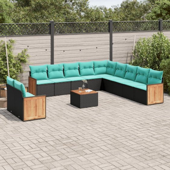 vidaXL 11-teiliges Gartensofa-Set mit Kissen, schwarzes Polyrattan