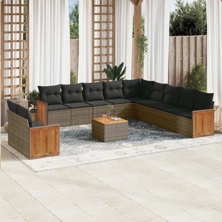 11-tlg. Garten-Sofagarnitur mit Kissen Schwarz Poly Rattan