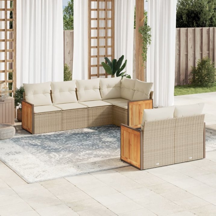 7-tlg. Garten-Sofagarnitur mit Kissen Schwarz Poly Rattan