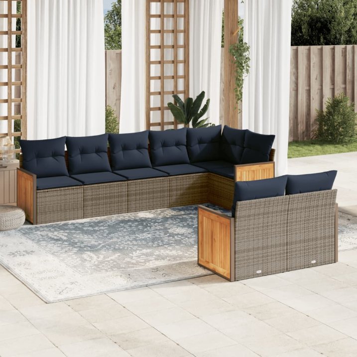 8-teiliges Gartensofa-Set mit Kissen, schwarzes Polyrattan
