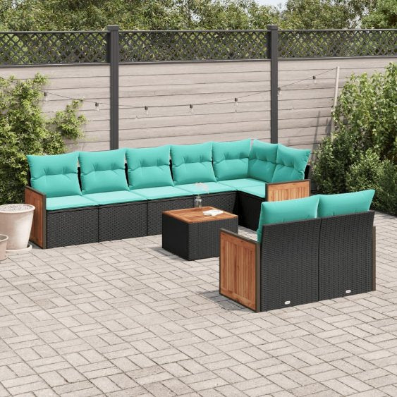 8-teiliges Gartensofa-Set mit Kissen, schwarzes Polyrattan