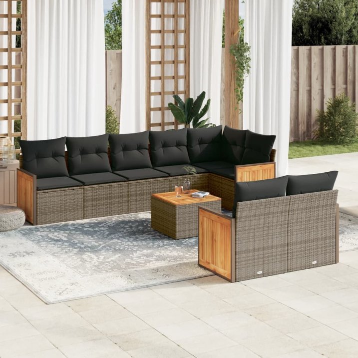 8-tlg. Garten-Sofagarnitur mit Kissen Schwarz Poly Rattan