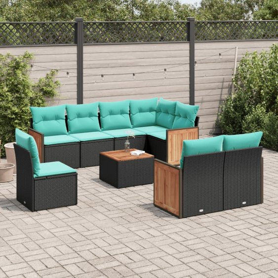 8-teiliges Gartensofa-Set mit Kissen, schwarzes Polyrattan