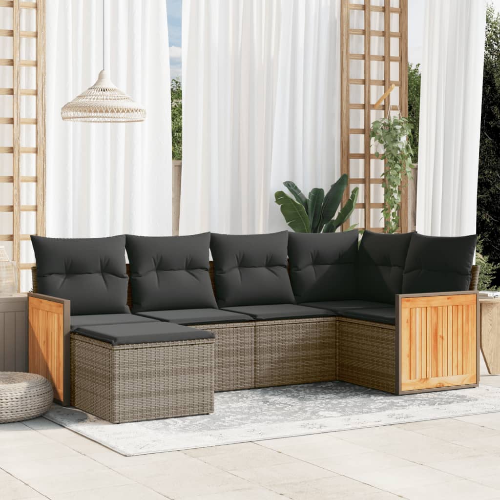 6-tlg. Garten-Sofagarnitur mit Kissen Schwarz Poly Rattan