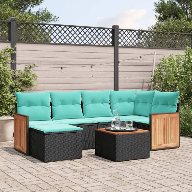 6-teiliges Gartensofa-Set mit Kissen, schwarzes Polyrattan